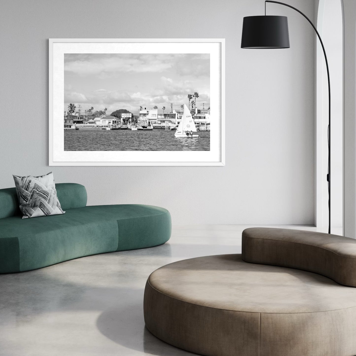 Newport Beach coastal wall art featuring Balboa Island in monochrome by Sharon Williams