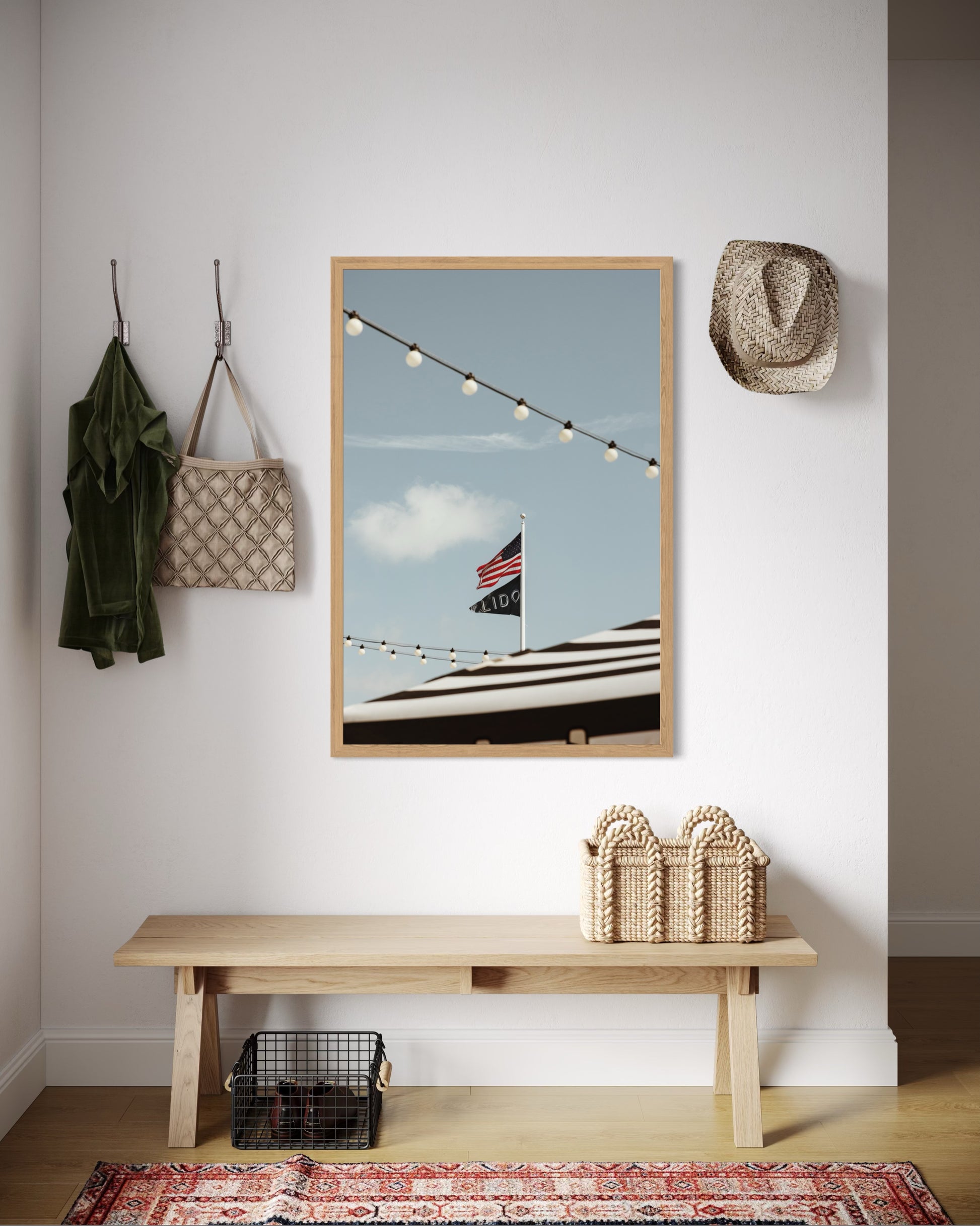 Fine art photograph of the American flag and LIDO flag at Lido Village in Newport Beach, California by Sharon Williams