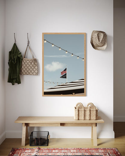 Fine art photograph of the American flag and LIDO flag at Lido Village in Newport Beach, California by Sharon Williams