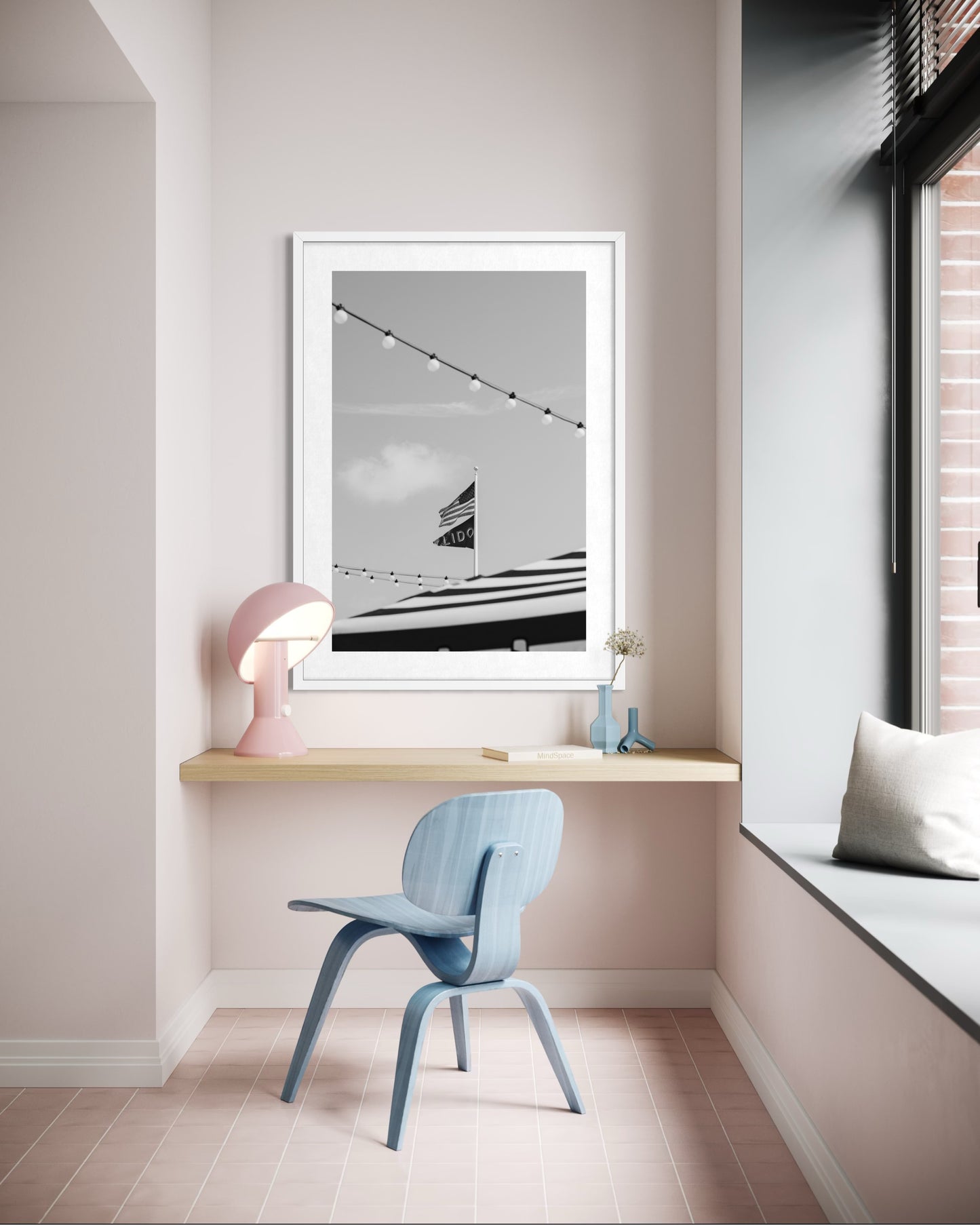 Black and white fine art photograph of the American flag and LIDO flag at Lido Village in Newport Beach, California by Sharon Williams