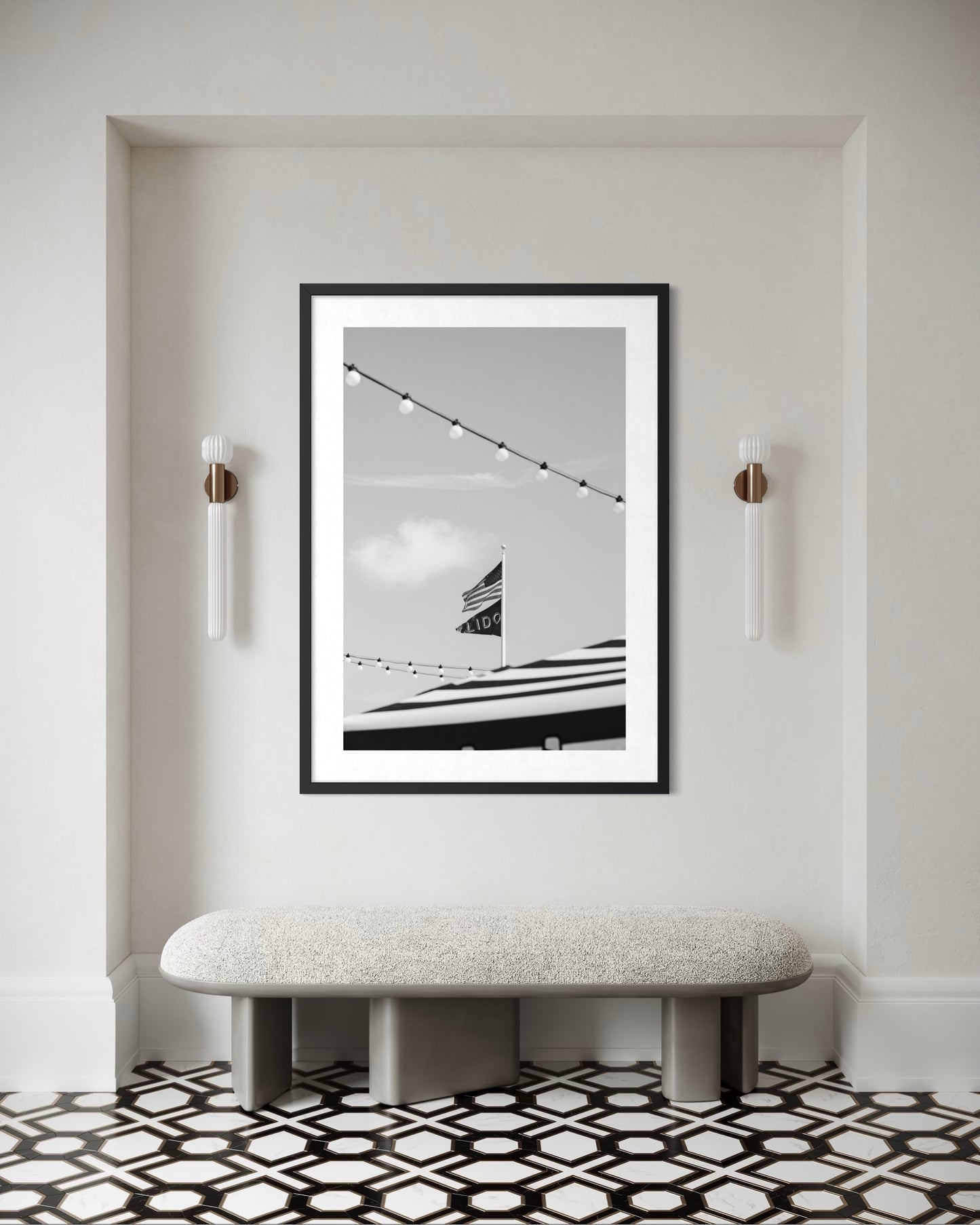 Lido Village Newport Beach black and white fine art print by Sharon Williams