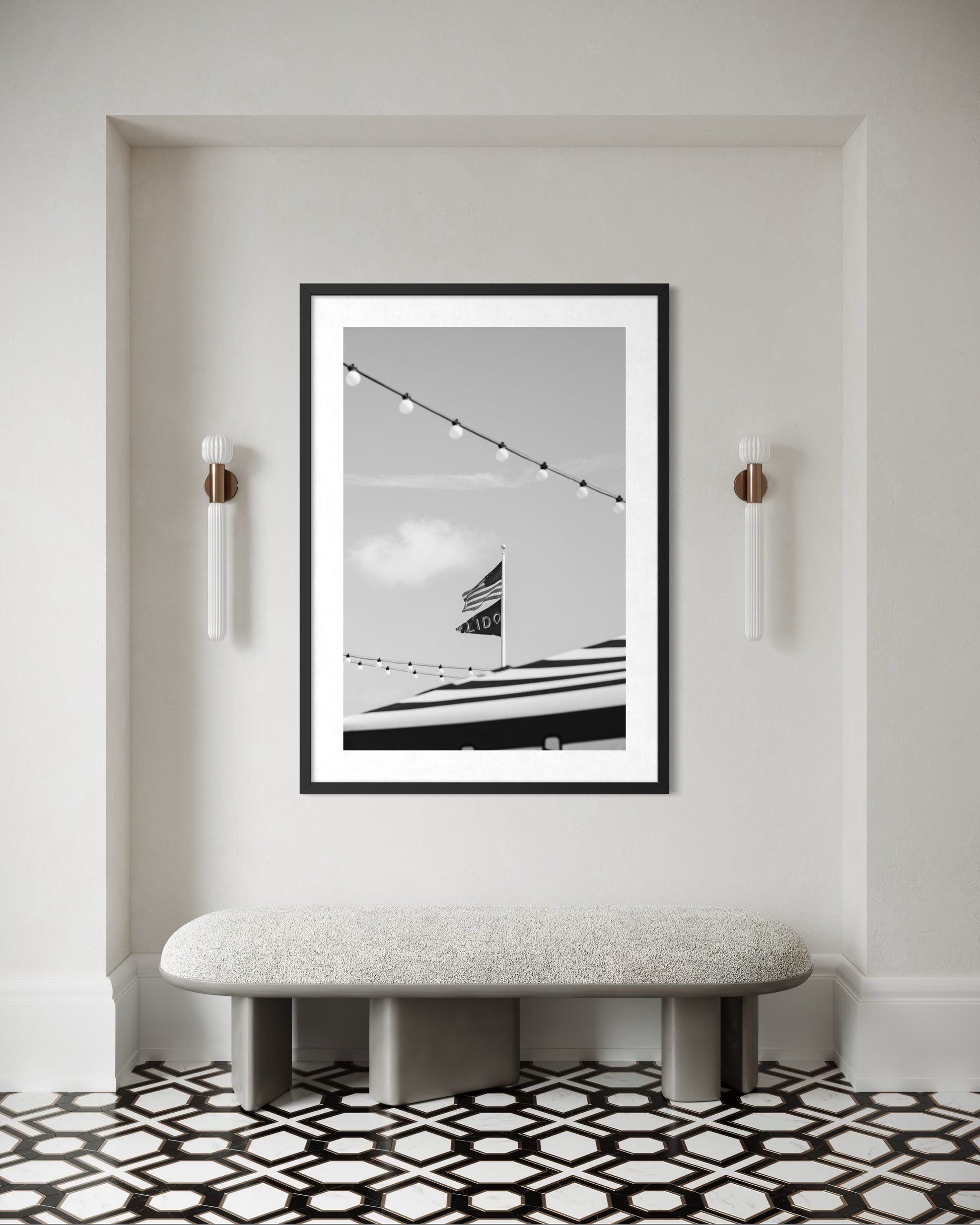Lido Village Newport Beach black and white fine art print by Sharon Williams